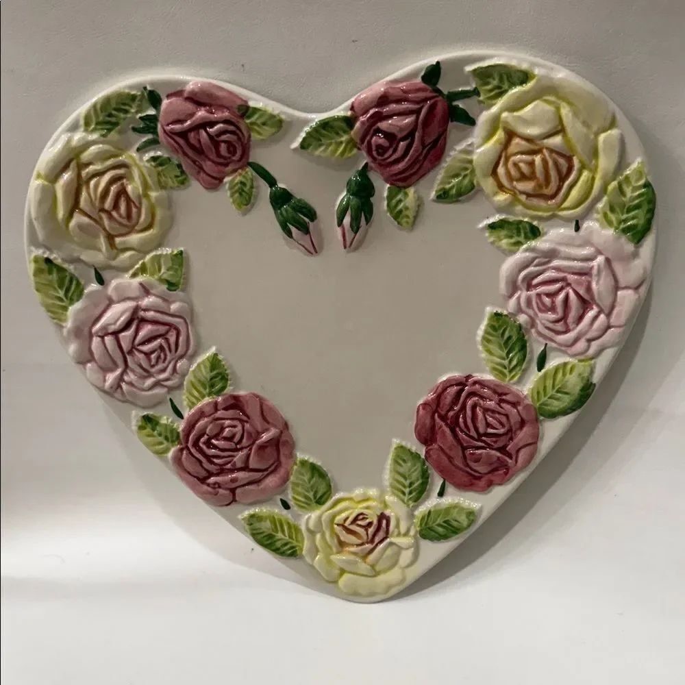 Heart Shaped Art Floral Ceramic Plaque Pink, Rose Yellow 10 1/2 In Portugal